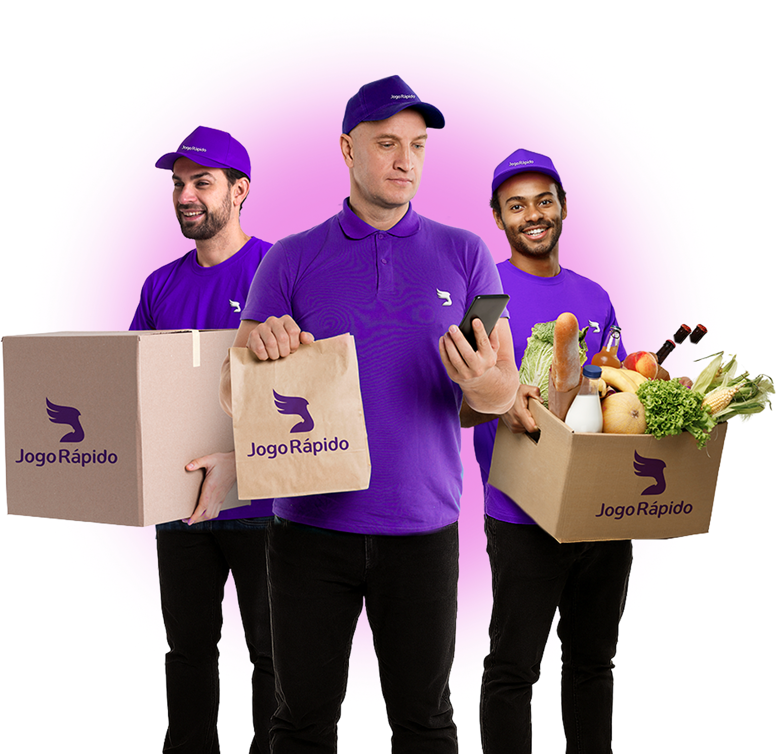 Três entregadores da JogoRápido, vestidos de roxo, segurando caixas e sacolas com produtos.